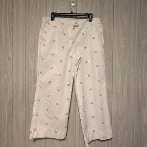 Women’s J Crew Favorite Fit White Crop Pants w embroidered pink turtles. Sz 12